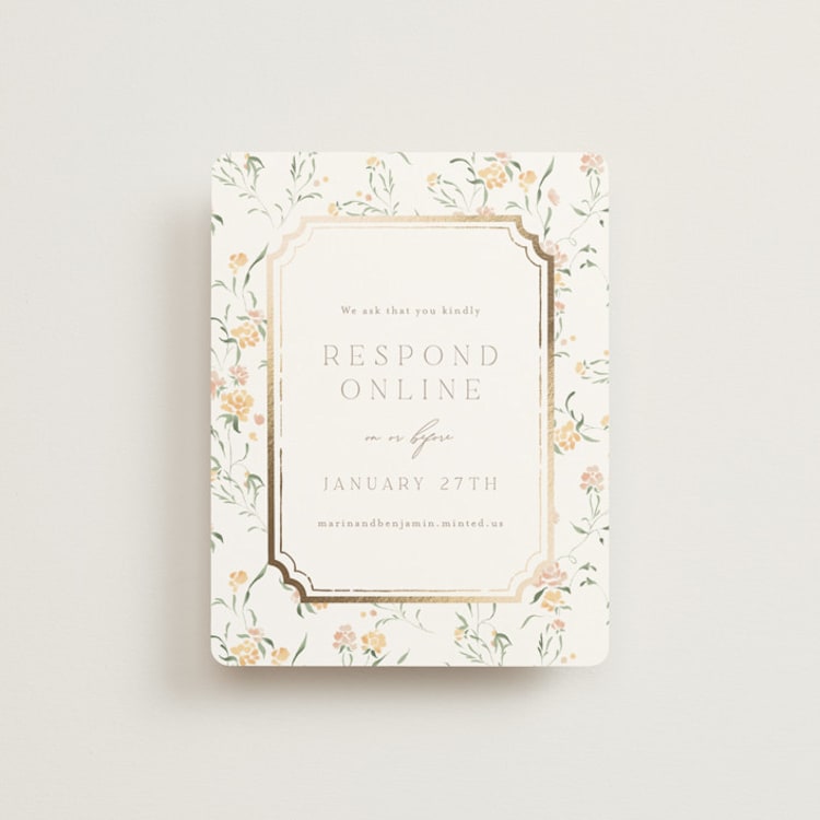 "Victorian Trellis" - Foil-Pressed RSVP Online Enclosure Cards in Golden Summer by Erin L. Wilson - Front