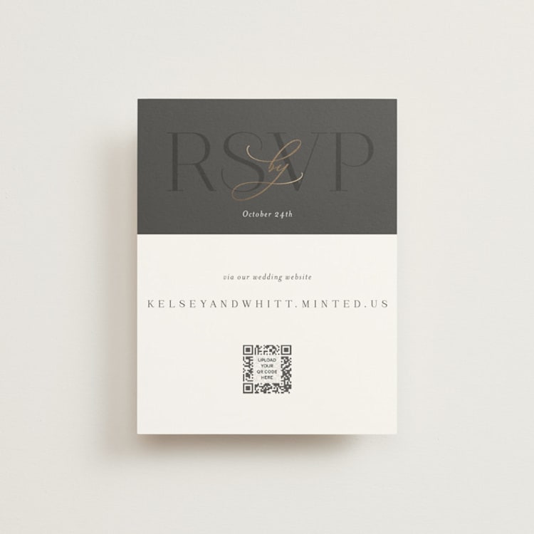 "Over Monogram" - Foil-Pressed RSVP Online Enclosure Cards in Stormy by Jessica Williams - Front