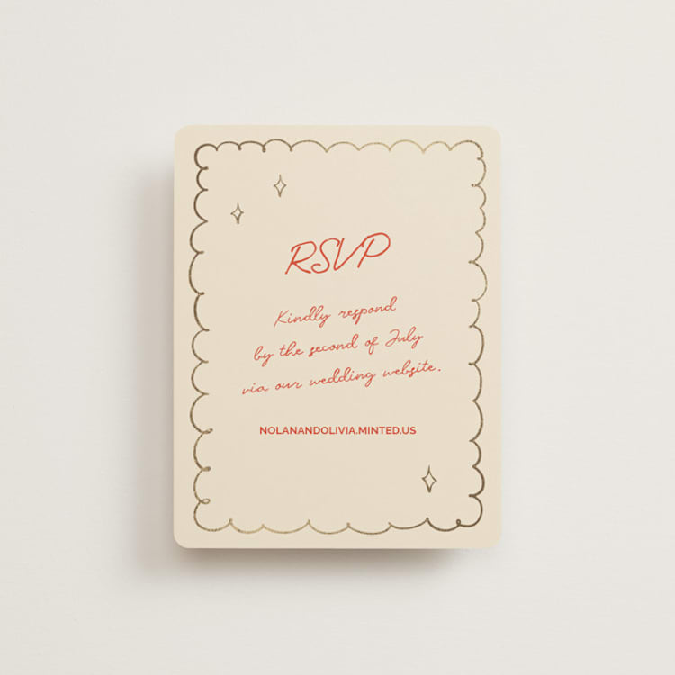 "Party On!" - Foil-Pressed RSVP Online Enclosure Cards in Sangria Spark by Zove Ahhh - Front