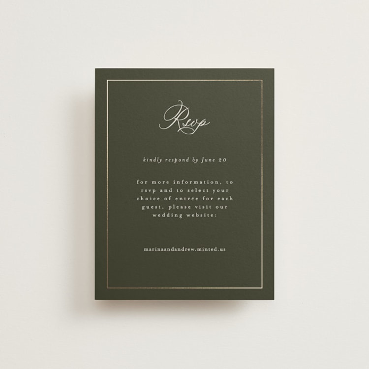 "Refined" - Foil-Pressed RSVP Online Enclosure Cards in Deep Olive by Nicole Walsh - Front