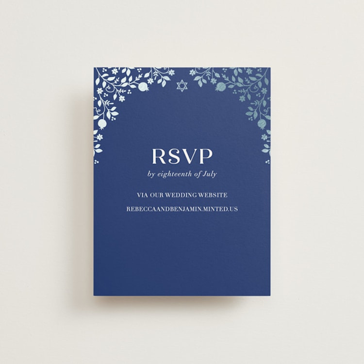 "Pomegranate Floral Frame" - Foil-Pressed RSVP Online Enclosure Cards in Royal by Nam Bourassa - Front