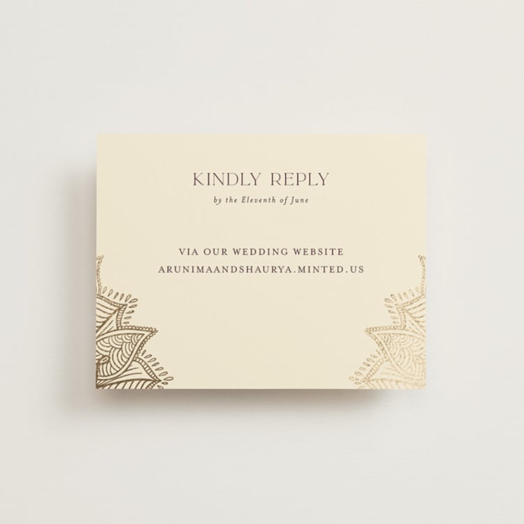 "Arunima" - Foil-Pressed RSVP Online Enclosure Cards in Plum by Randi Cirelli - Front