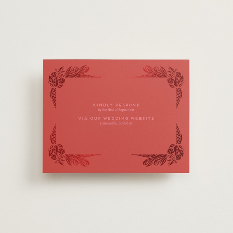 "Fiery" - Foil-Pressed RSVP Online Enclosure Cards in Ruby by Ghia Designs - Front