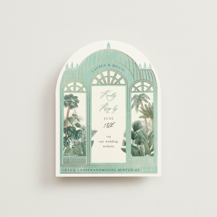 "The Greenhouse" - Foil-Pressed RSVP Online Enclosure Cards in Seagreen by Elly - Front