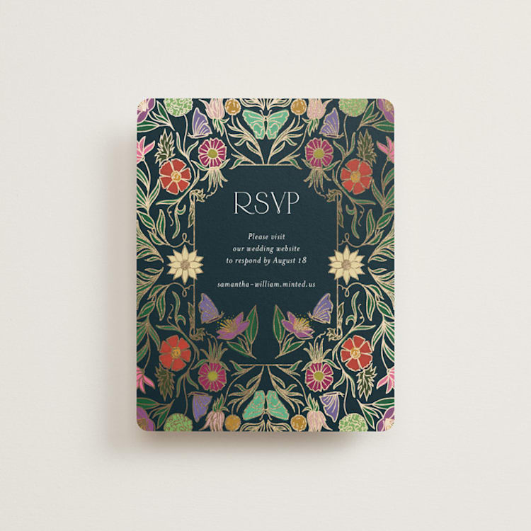 "Gilded Tapestry" - Foil-Pressed RSVP Online Enclosure Cards in Midnight Garden by Simona Camp - Front
