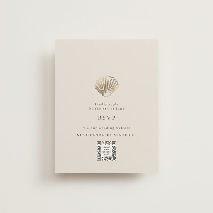 "Simple Seashell" - Foil-Pressed RSVP Online Enclosure Cards in Sand by Hannah Bowman - Front