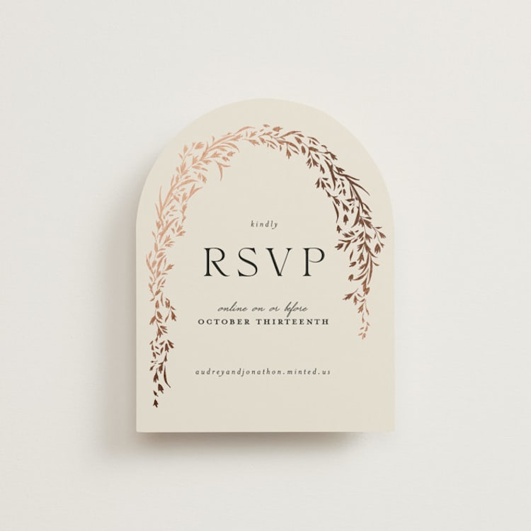"Trailing Vines" - Foil-Pressed RSVP Online Enclosure Cards in Almond by Erin L. Wilson - Front