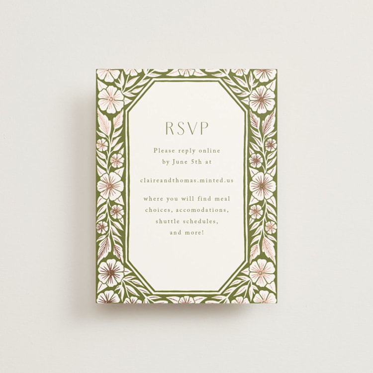 "Inlay Frame" - Foil-Pressed RSVP Online Enclosure Cards in Avocado by Katharine Watson - Front