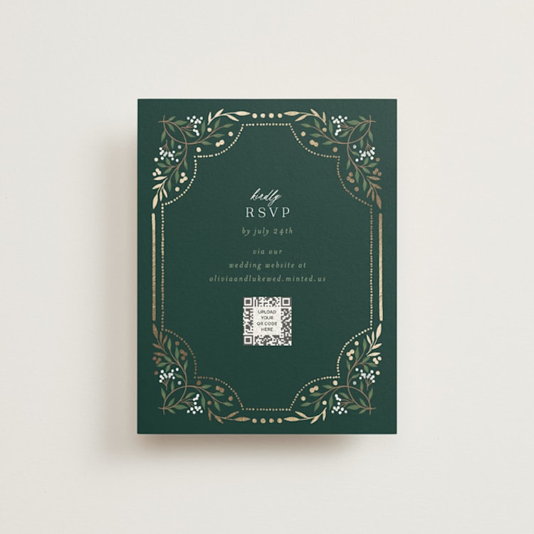 "Illuminated Storybook" - Foil-Pressed RSVP Online Enclosure Cards in Evergreen by Alethea and Ruth - Front