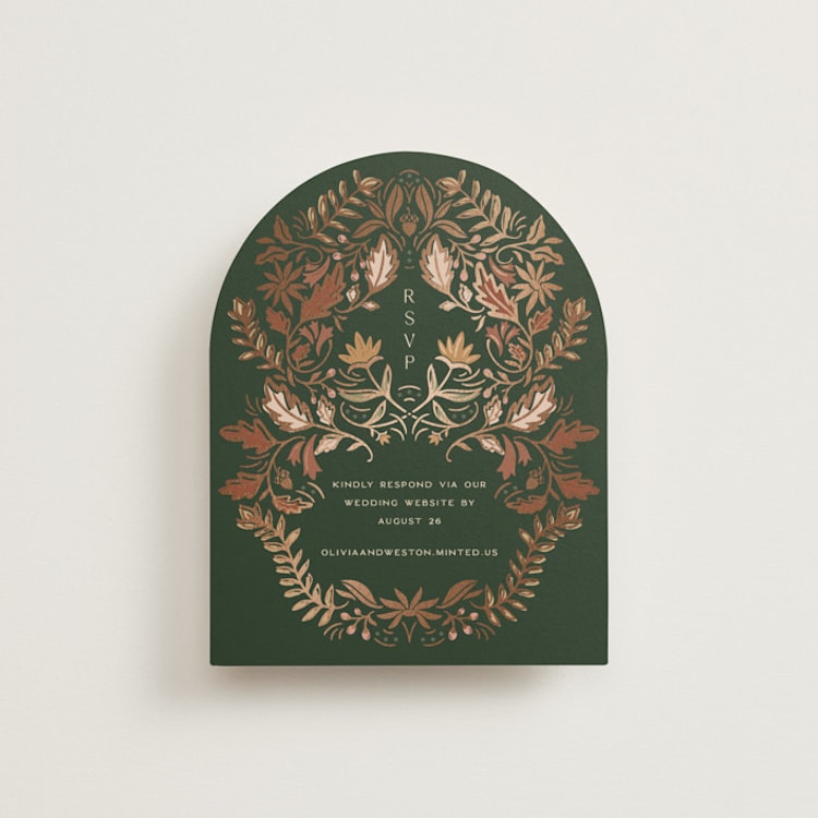 "Autumnal Arch" - Foil-Pressed RSVP Online Enclosure Cards in Leaf by Erin German - Front