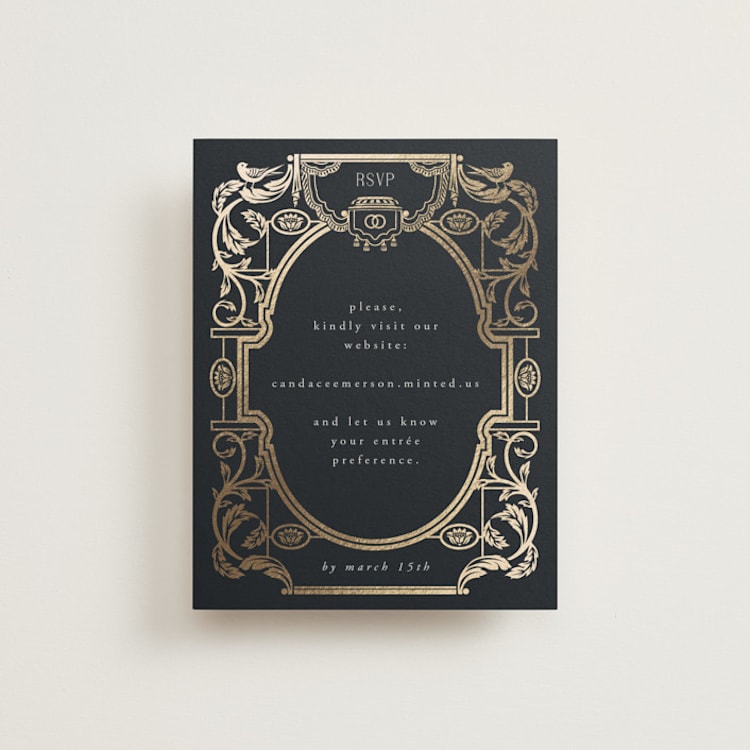 "Mirror" - Foil-Pressed RSVP Online Enclosure Cards in Onyx by Ana de Sousa - Front