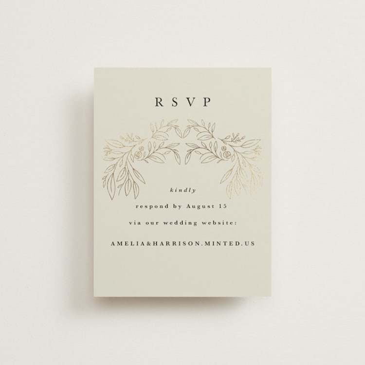 "Foil Botanical Frame" - Foil-Pressed RSVP Online Enclosure Cards in Taupe by Hannah Williams - Front