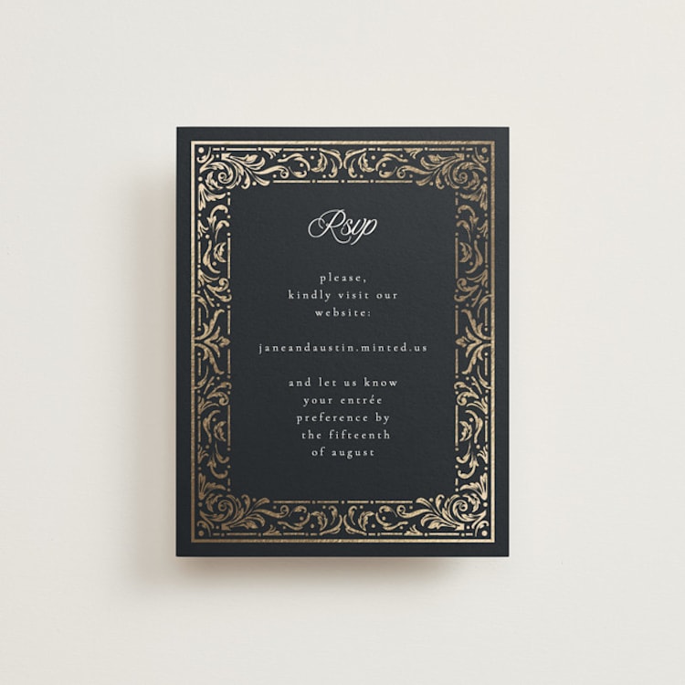 "Regency Grace" - Foil-Pressed RSVP Online Enclosure Cards in Onyx by Ana de Sousa - Front