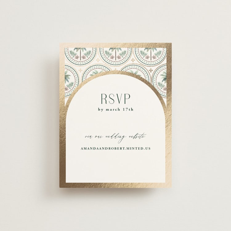 "Vintage Palms" - Foil-Pressed RSVP Online Enclosure Cards in Sand by Maria Alou - Front
