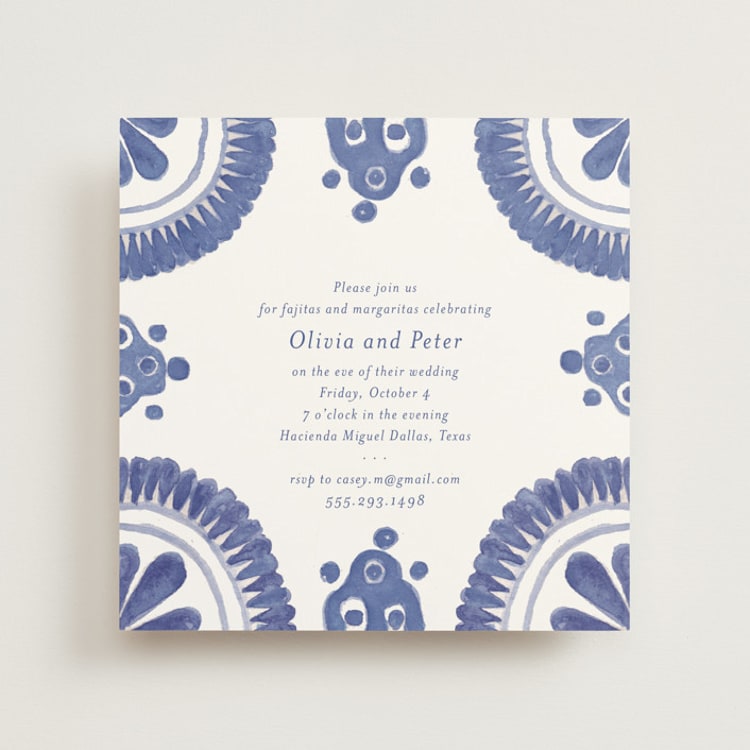 "Talavera" - Rehearsal Dinner Invitations in Azure by Lagniappe Paper - Front