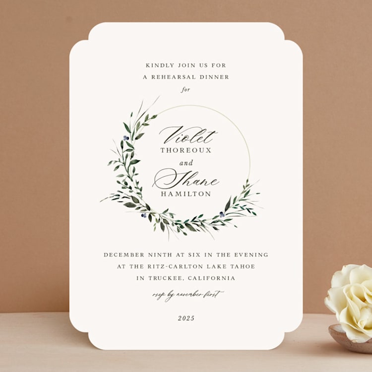 "Green Wreath" - Rehearsal Dinner Invitations in Champagne by Lori Wemple - Front