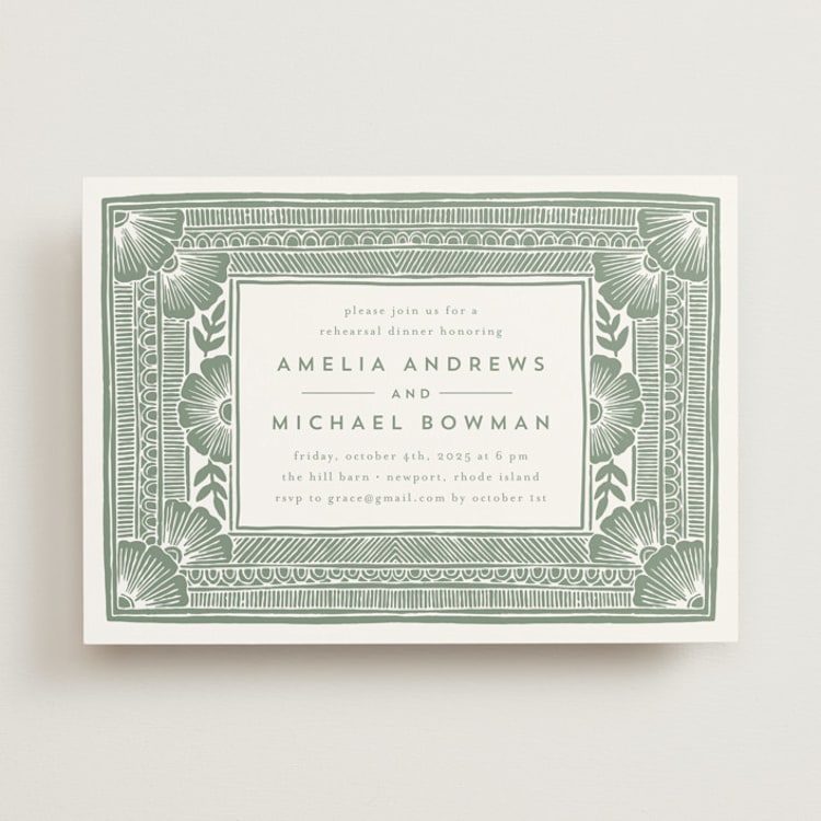 "Block Print Frame" - Rehearsal Dinner Invitations in Sage by Katharine Watson - Front