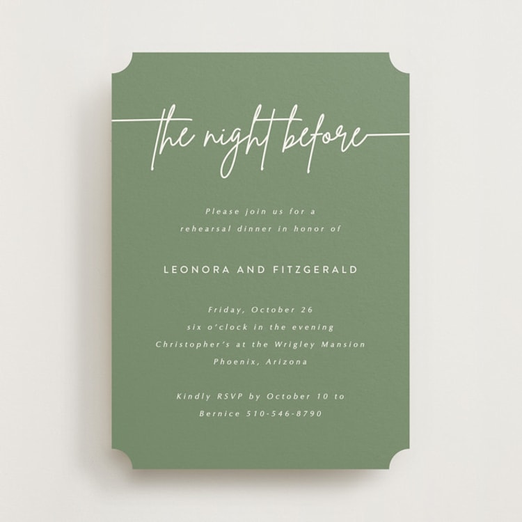 "Lilt" - Rehearsal Dinner Invitations in Sage by Kampai Designs - Front