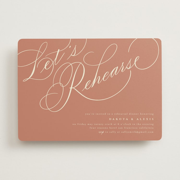 "Let's Rehearse" - Rehearsal Dinner Invitations in Brick by Shannon Chen of Four Wet Feet Studio - Front