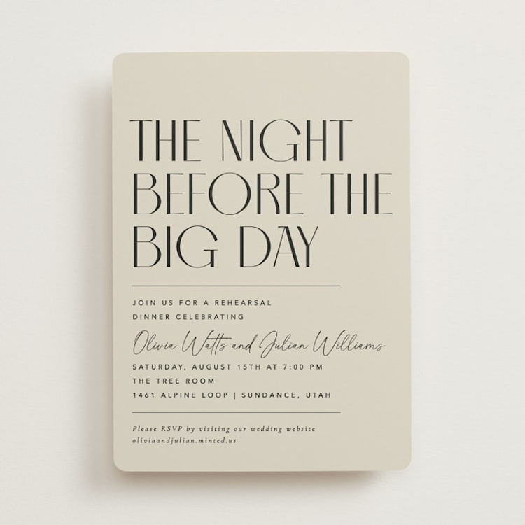 "Modern Stack" - Rehearsal Dinner Invitations in Sand by Robert and Stella - Front