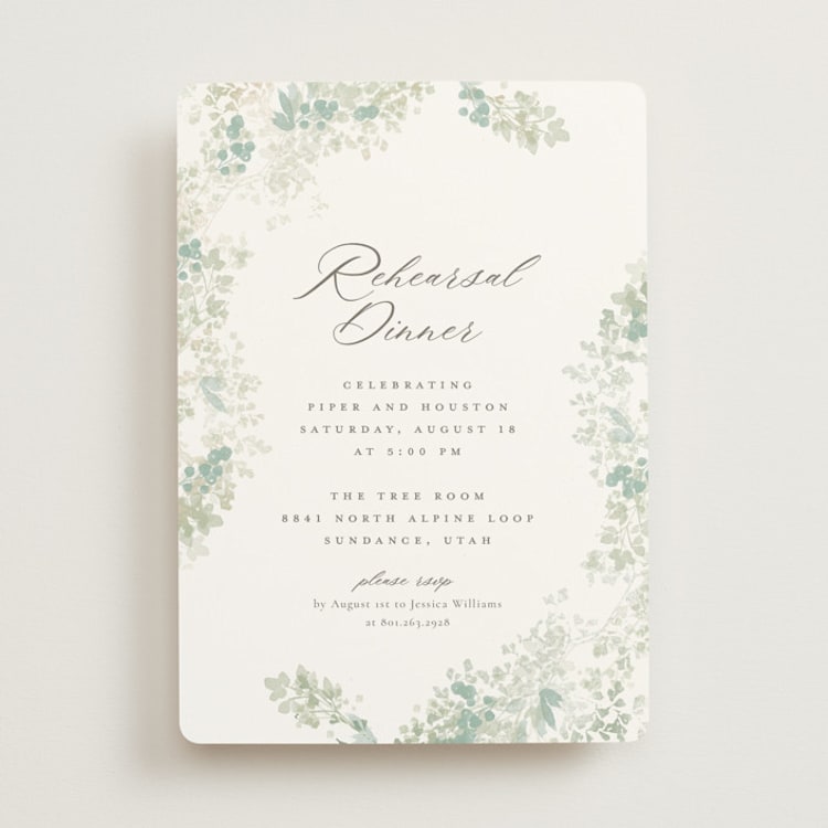 "Greenery Swash" - Rehearsal Dinner Invitations in Linen by Robert and Stella - Front