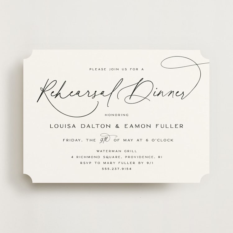 "Dashing Script" - Rehearsal Dinner Invitations in Peppercorn by Olivia Raufman - Front