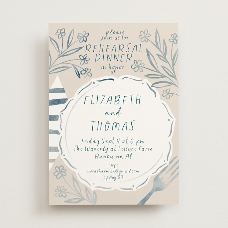 "Sketched Dinner" - Rehearsal Dinner Invitations in Mist by Petra Kern - Front