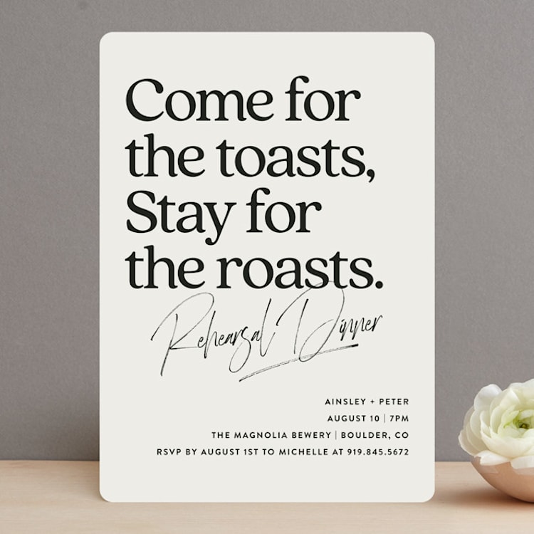 "Stay for Cake" - Rehearsal Dinner Invitations in Cloud by Jackie Crawford - Front