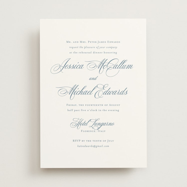 "Empire" - Rehearsal Dinner Invitations in Dusty Blue by Jennifer Postorino - Front