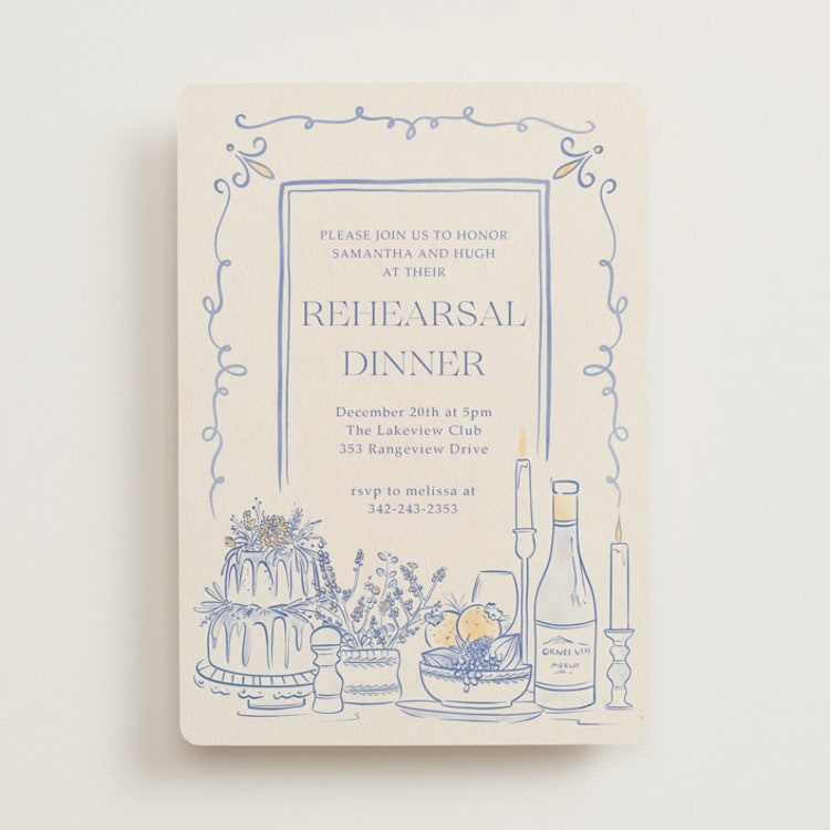 "Table feast" - Rehearsal Dinner Invitations in Balmy Blue by Sabrin Deirani - Front
