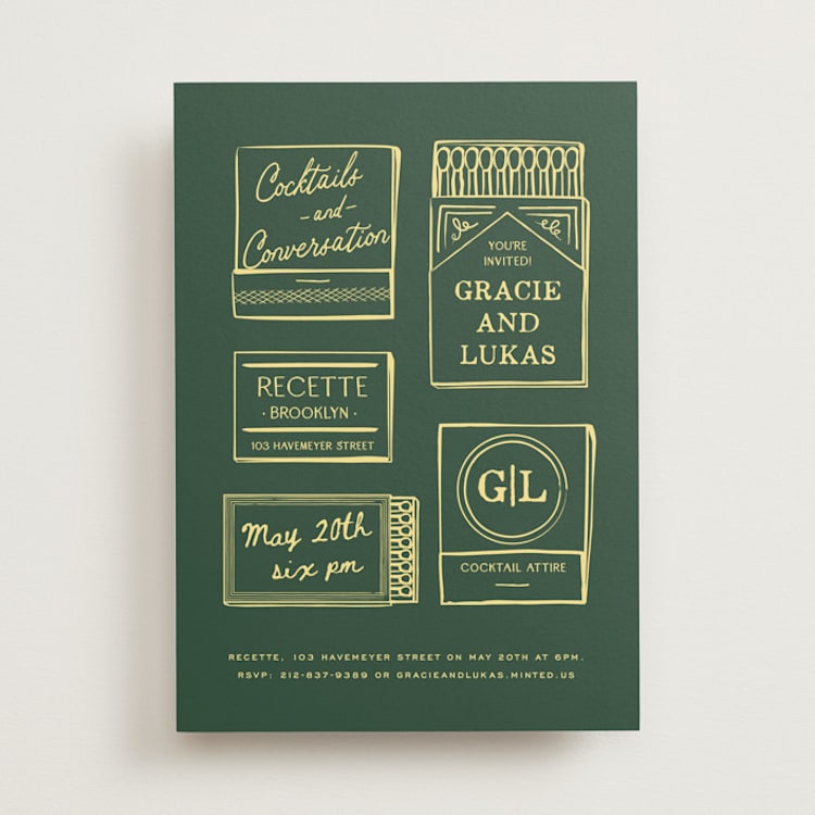 "Matchbooks" - Rehearsal Dinner Invitations in Vetiver by Jennifer Lew - Front