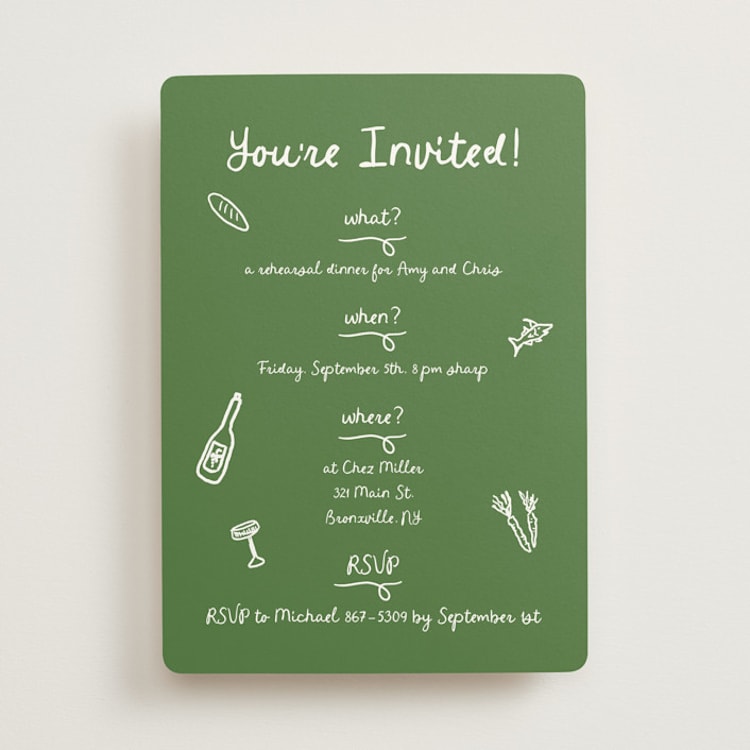 "First Course Party" - Rehearsal Dinner Invitations in Kelly Green by Cotton and Bow - Front