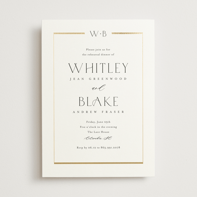 "Luster" - Rehearsal Dinner Invitations in Cotton by Stacey Meacham - Front
