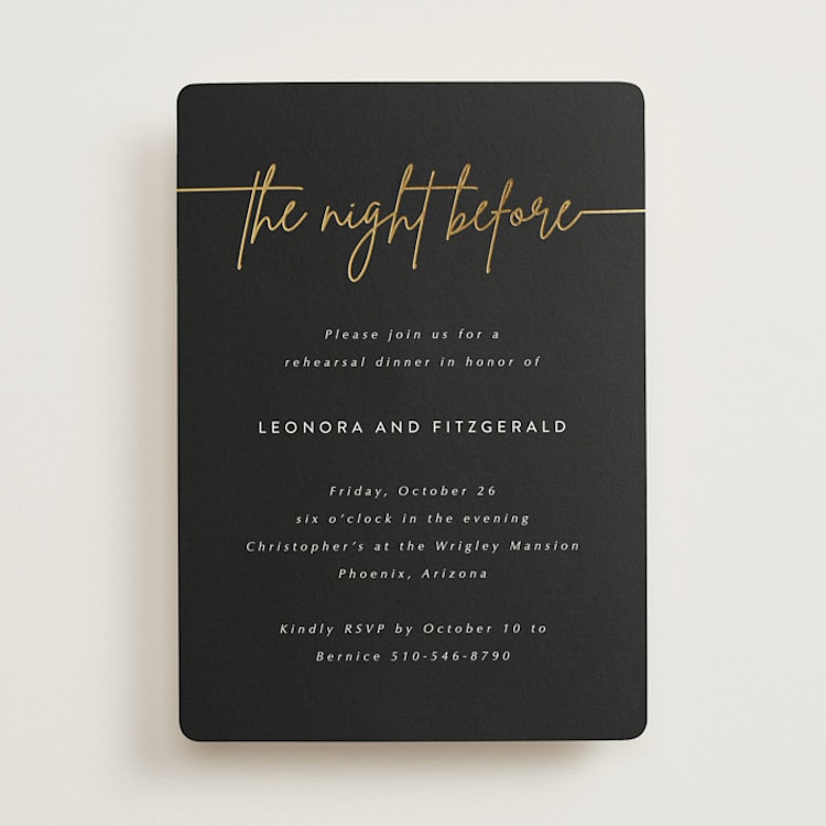 "Lilt" - Rehearsal Dinner Invitations in Licorice by Kampai Designs - Front