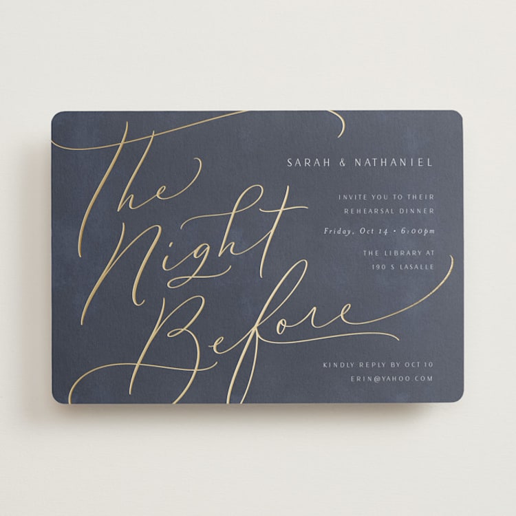 "The Night Before Lettering" - Rehearsal Dinner Invitations in Night by Erin German - Front