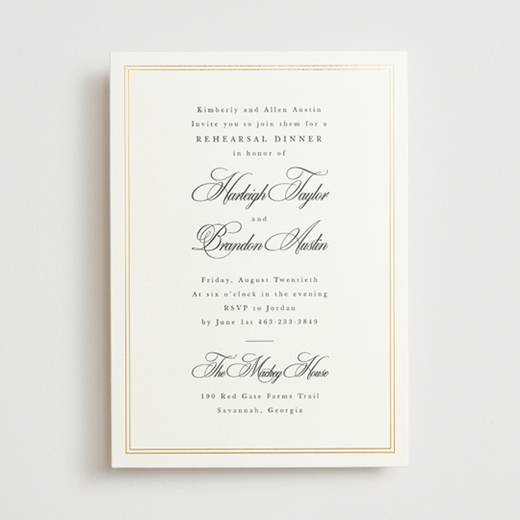 "Traditionalist" - Rehearsal Dinner Invitations in Snow by Sarah Brown - Front