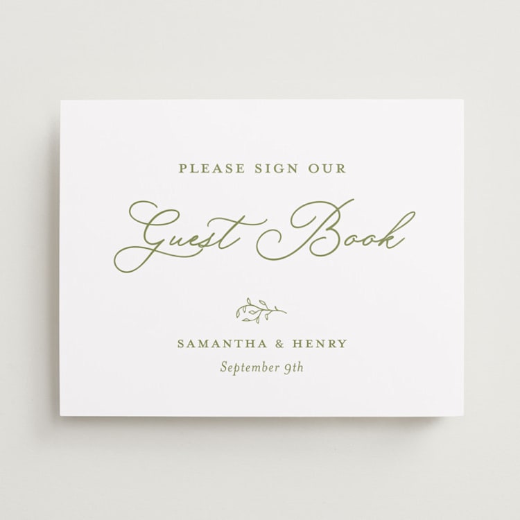 "Garden Script" - Reception Signs in Pistachio by Katherine Moynagh - Front