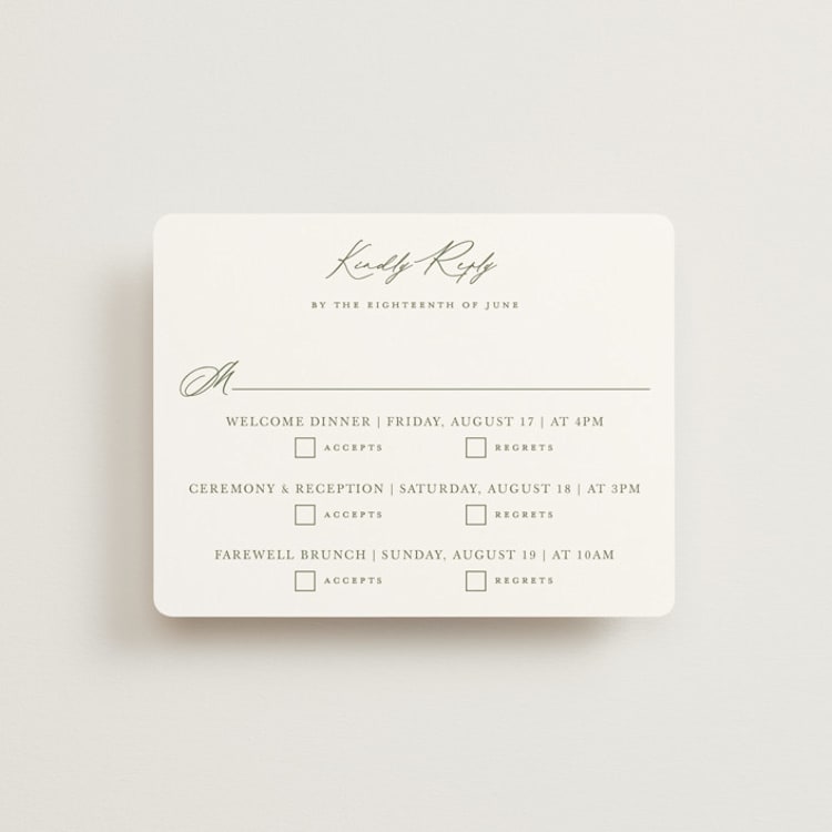 "Vineyard" - Multi-Event RSVP Cards in Olive by Sarah Brown - Front