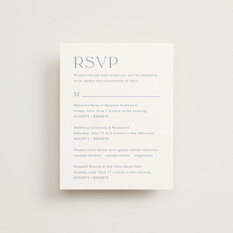 "Leighton" - Multi-Event RSVP Cards in Lakeshore Blue by Jennifer Postorino - Front