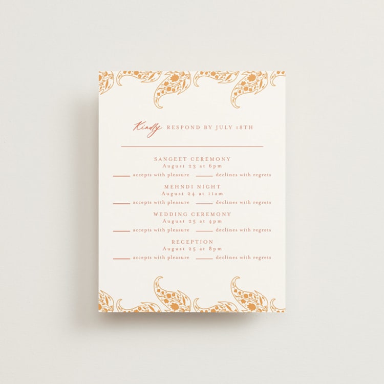 "Heritage Paisley" - Multi-Event RSVP Cards in Tangerine by Kanika Mathur - Front