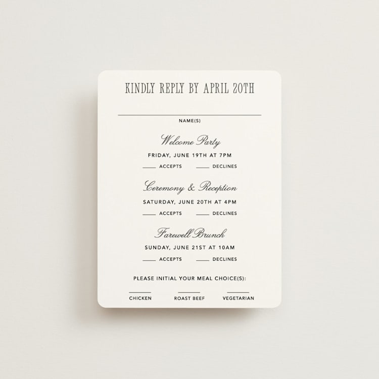 "Formal Minimalist" - Multi-Event RSVP Cards in Silk by Kelly Schmidt - Front