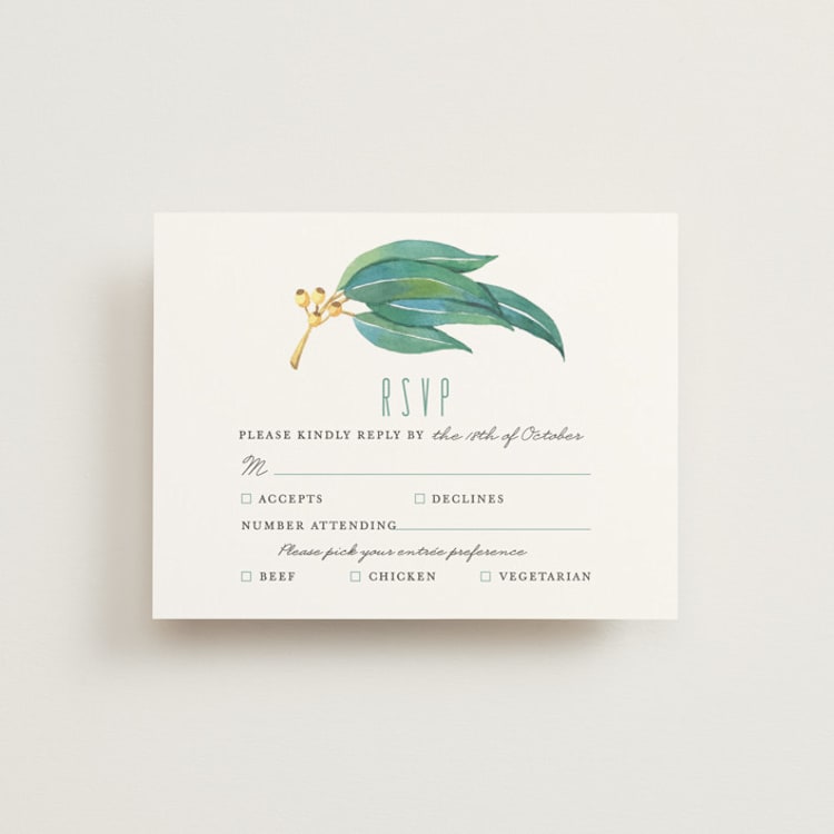 "Eucalyptus Leaves" - RSVP Cards in Eucalyptus by Shannon Chen of Four Wet Feet Studio - Front