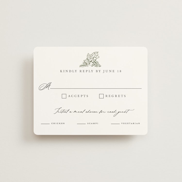 "Vineyard" - RSVP Cards in Olive by Sarah Brown - Front