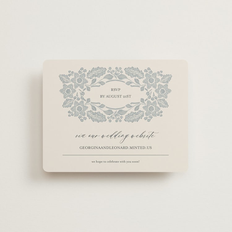 "Embroidered" - RSVP Online Enclosure Cards in Dusty Blue by Jen Owens - Front