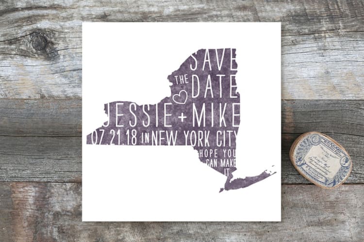 "State Stamp - New York" - Save the Dates in Eggplant by Erin Hodges - Front
