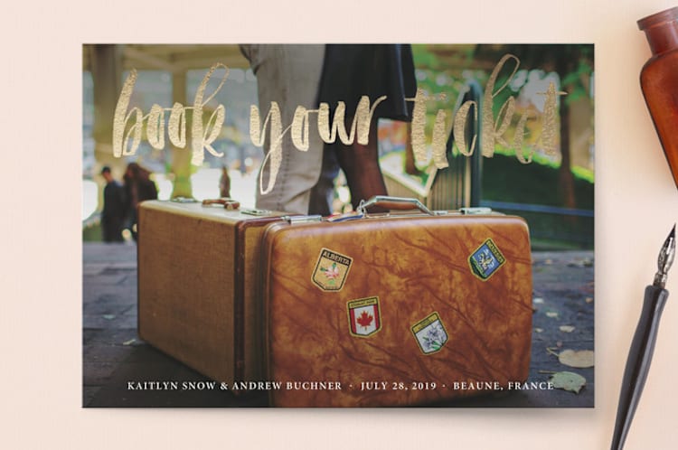 "Book Your Ticket" - Save the Dates in Gold by Pine Street Creative - Front