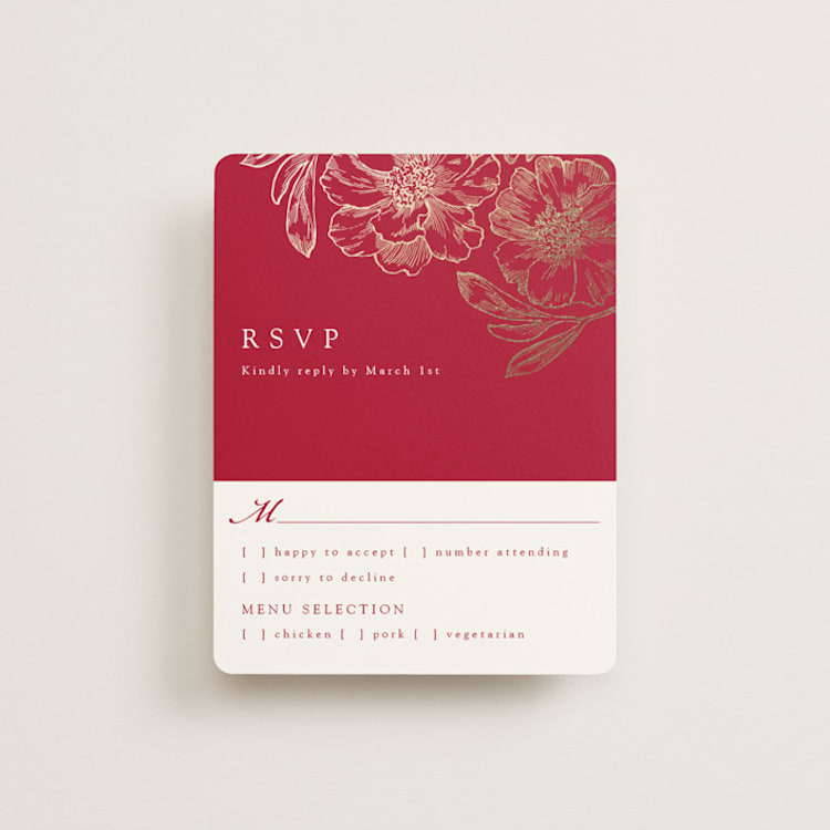 "Double Peony" - RSVP Cards in Ruby by Janean Hinger - Front