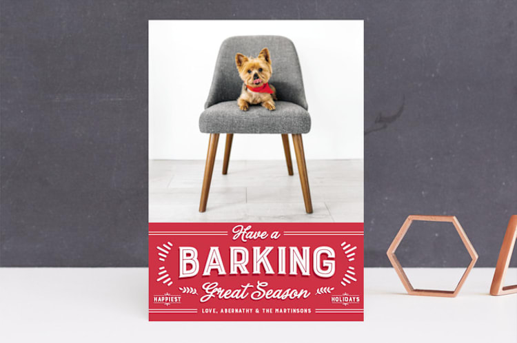 "barking great season" - Retired Holiday Cards in Red Apple by Lori James - Front