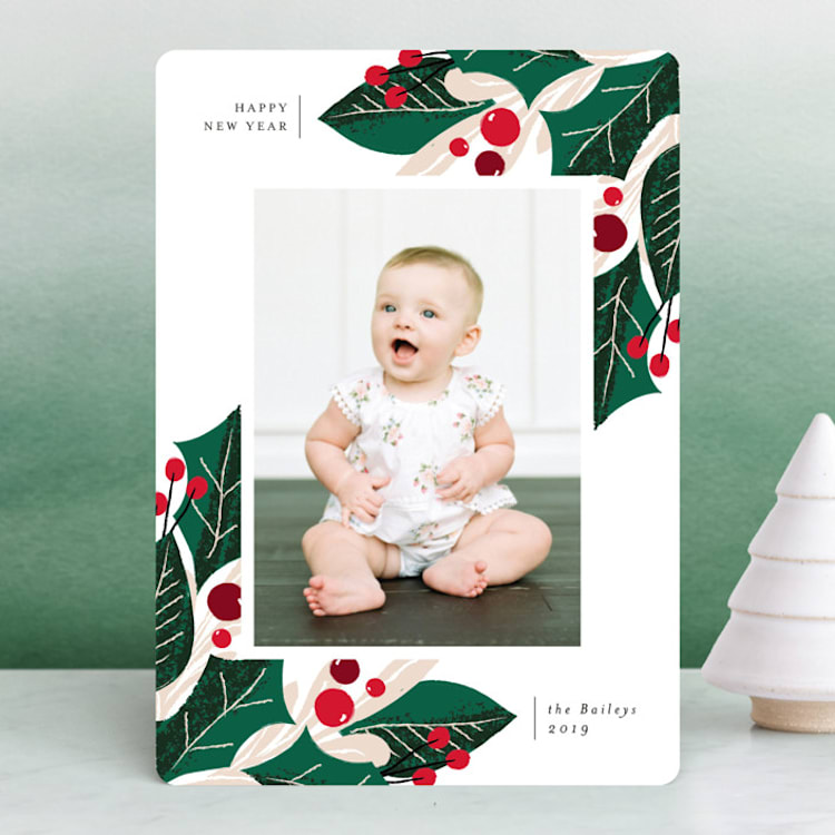 "Greenery Abound" - Retired Holiday Cards in Cranberry by Lehan Veenker - Front