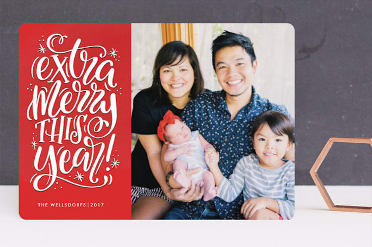 "Extra Merry This Year" - Retired Holiday Cards in Ruby by Makewells - Front